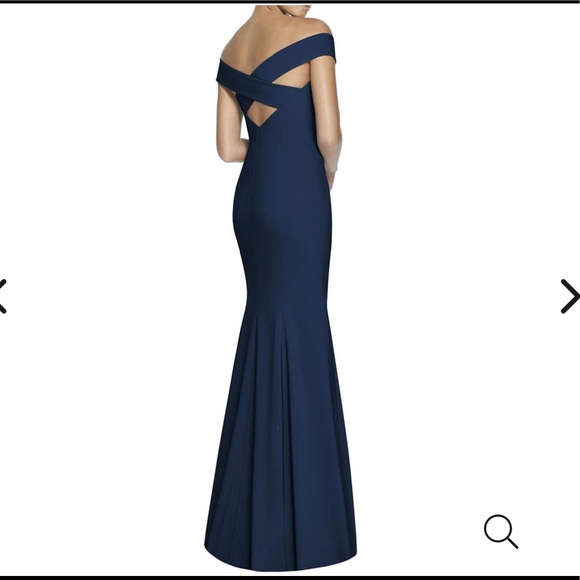 Dessy Collection Off-the-Shoulder Criss Cross Back Trumpet Gown- Midnight, sz 12 - Picture 2 of 3